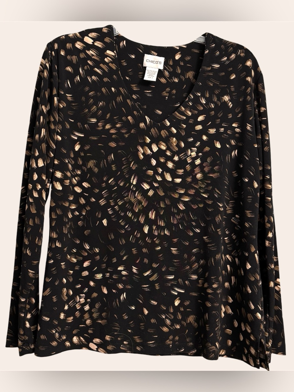 Chico’s Long Sleeve V Neck 1/2 Lined Black With Brown Brushstrokes Top SZ 2 - 12